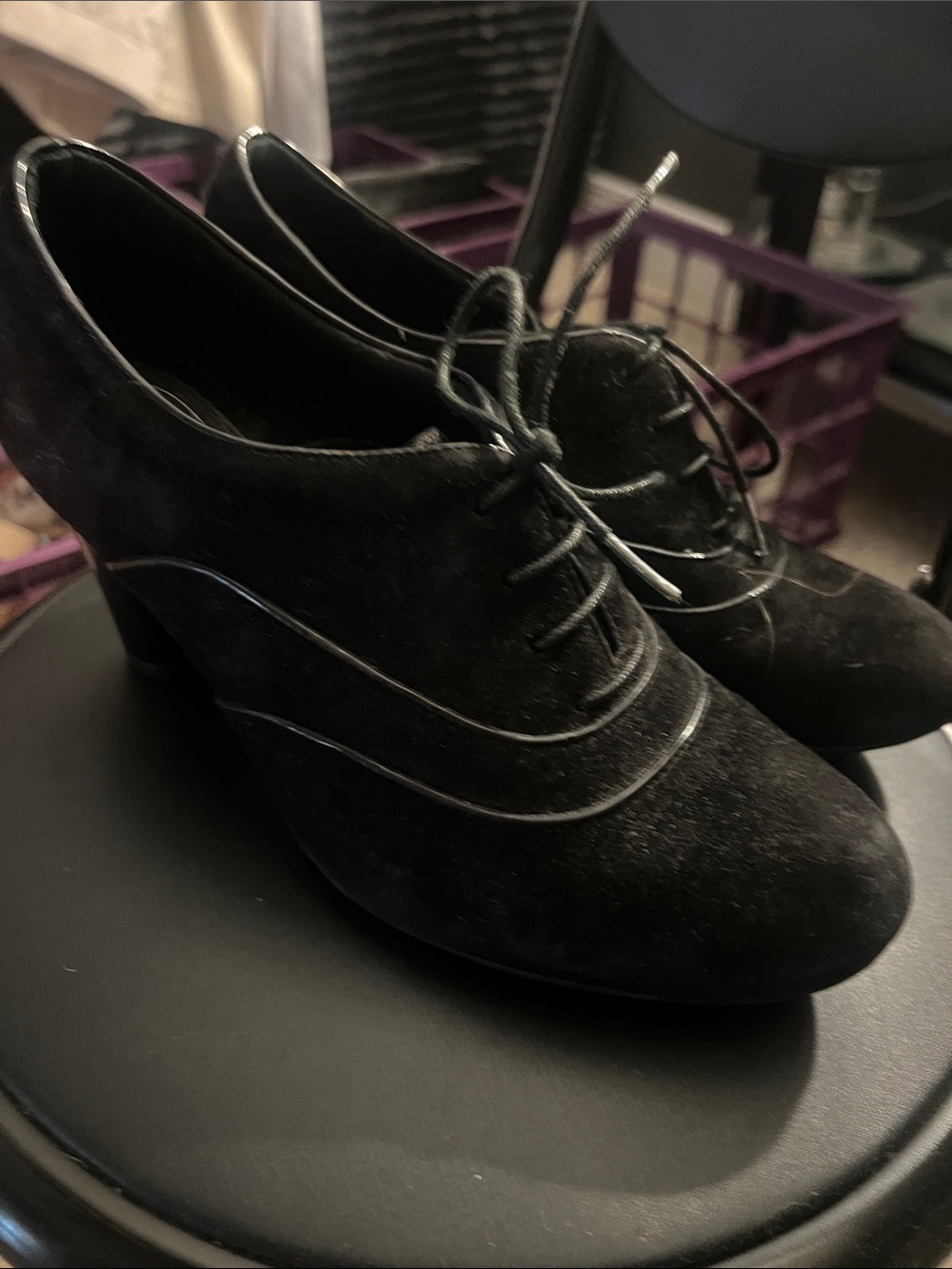 Clarks Black Suede Lace-Up Heeled Oxfords